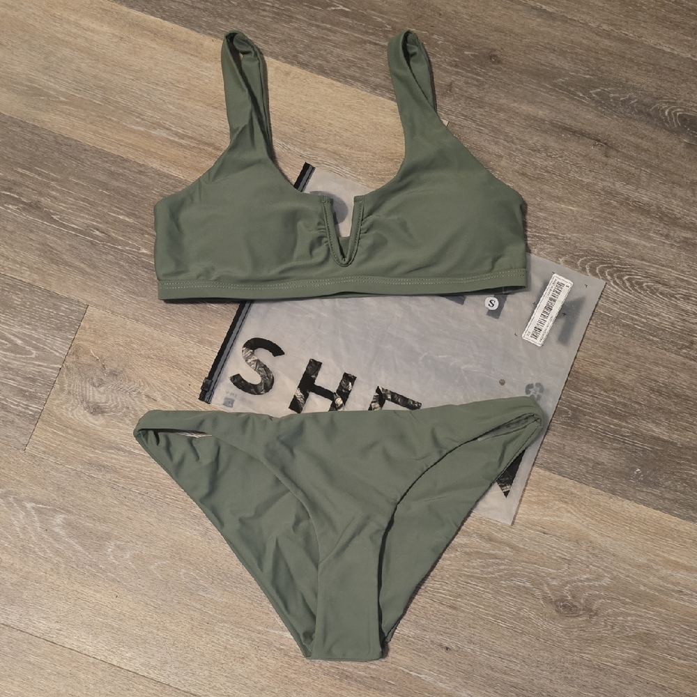 SHEIN Olive Green V-Notch Bikini Set